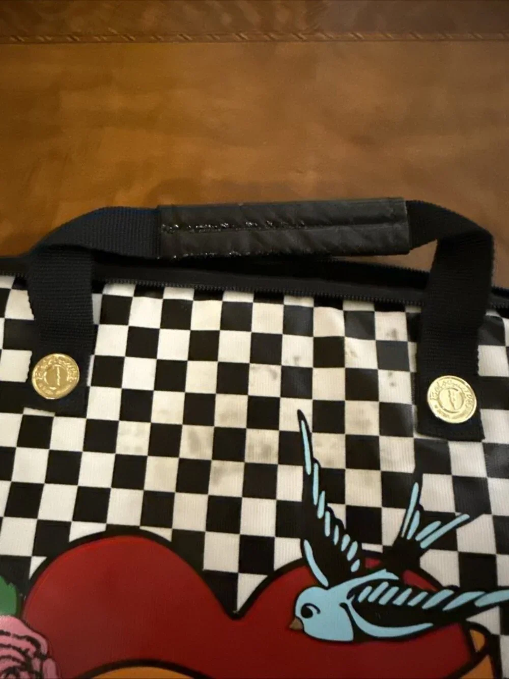 Betsey Johnson Betseyville Laptop Bag Black White Checker Heart Bird Gold Stud